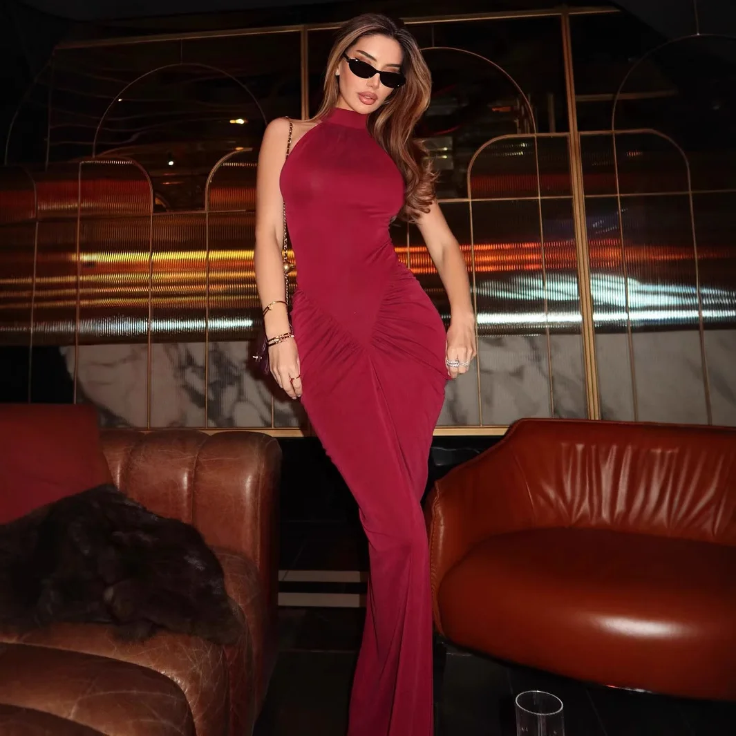 

Gtpdpllt Ruched Sleeveless Sexy Maxi Dresses For Women Gown Fashion Slim High Waist Evening Club Partywear Split Long Dresses