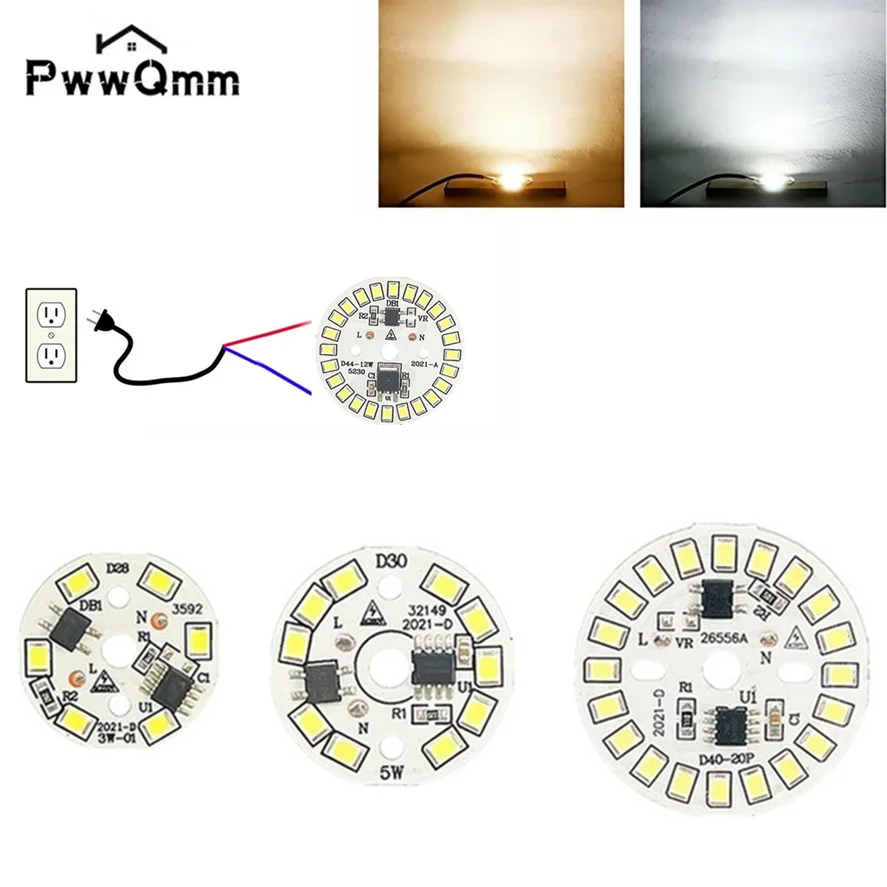 PwwQmm 220V LED 칩 램프 전구 12W 9W 7W 5W 3W SMD 2835 라운드 라이트 비즈 AC 240V 전구 칩 조명 스포트라이트 90 루멘/W