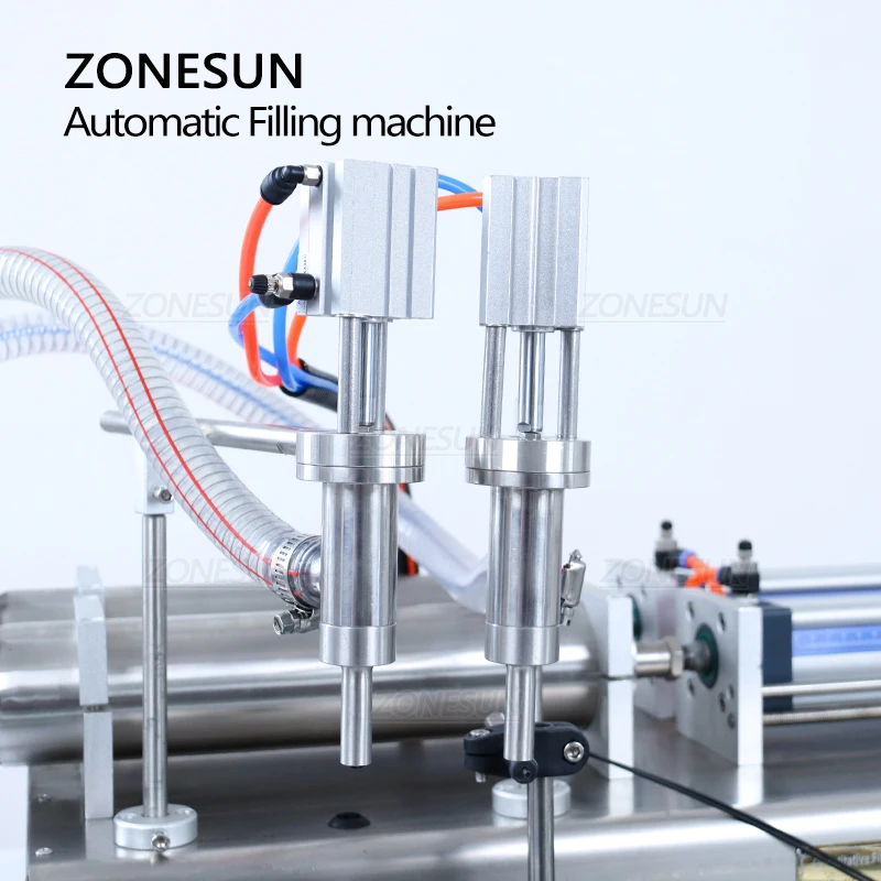 ZONESUN ZS-DTYT2L Mesin Pengisi Cairan Pneumatik 2 Kepala Pengisi Botol Jus Minuman Kontrol Digital dengan Sabuk Konveyor