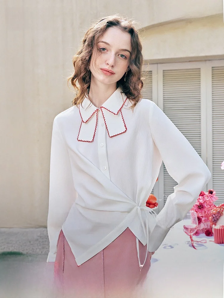 

Женская белая рубашка с вышивкой и отложным воротником на завязках, весна 2026, повседневный свободный крой, полиэстер