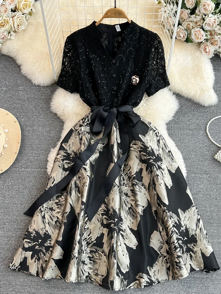 

Summer Hepburn Sle ort Sve V Ne Lace Paneling Slimming mid Length a Line Floral Embroidery Dr with Belt for Women