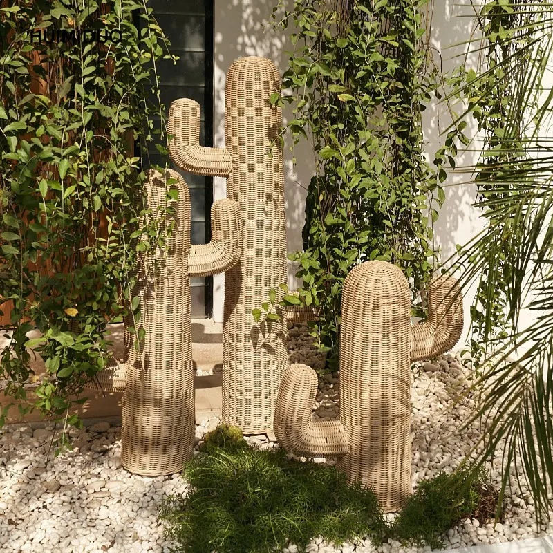 Handmade Rattan Cactus Shape Floor Ornament Living Room Study Home Creative Decoration Photography Props