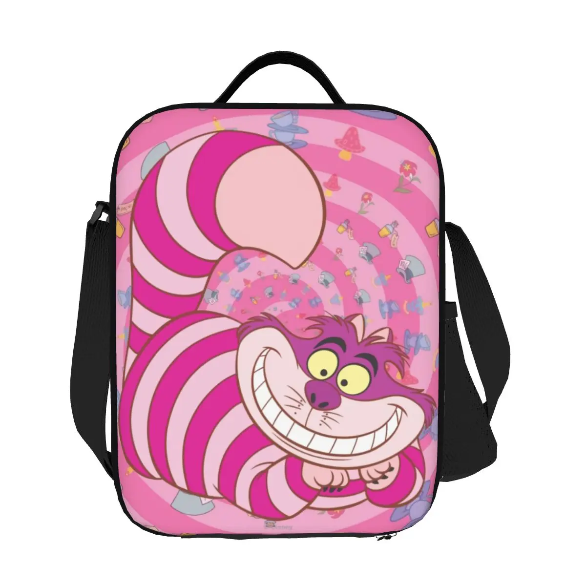 

Custom Alice In Wonderland Cheshire Cat Insulated Lunch Bags for Women Portable Thermal Cooler Food Lunch Box Camping Travel