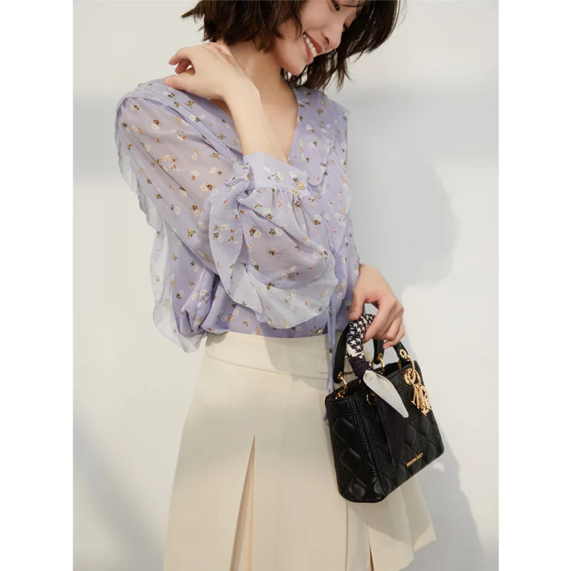 French Silk Shirt With Design Sense 2024 Spring New Lotus Leaf V-neck Long-sleeved Printed Mulberry Silk Shirt RUFFLES Sleeve