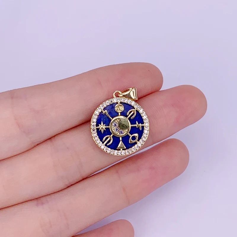 Round Necklace Pendant Lapis Lazuli Compass Star Of David Moon Zircon Copper Gold Plated Charms Jewelry Accessories