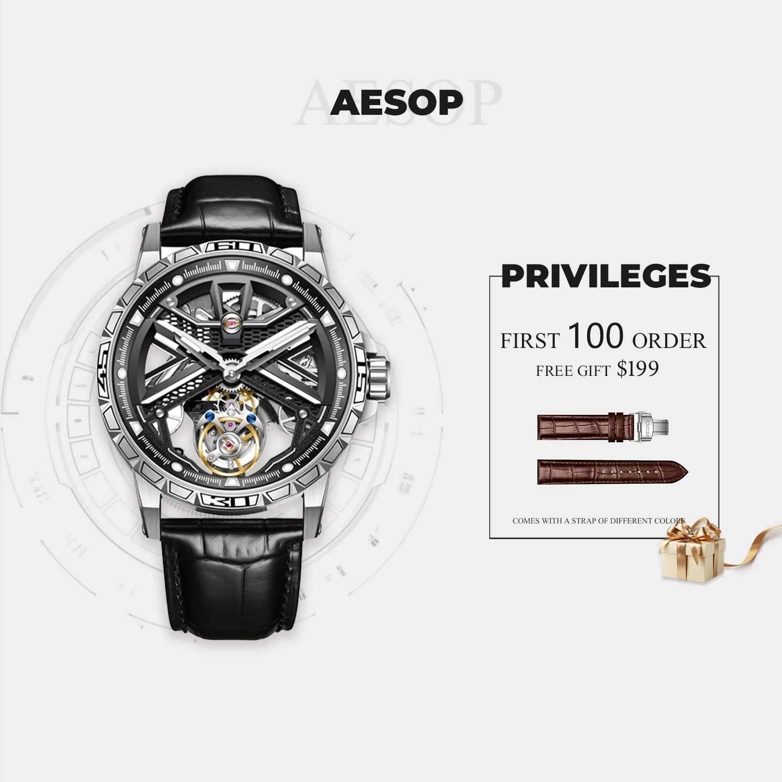 

AESOP Luxury Full Hollow Tourbillon Watch Fashion Sapphire Stainless Steel Waterproof Men's Mechanical Watches
