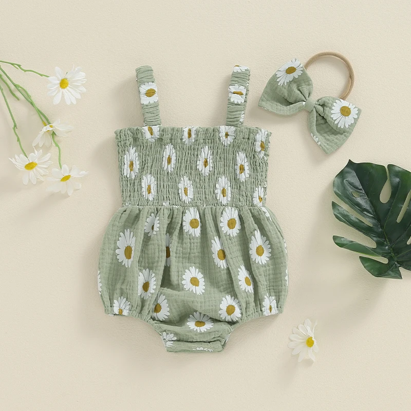 

Summer Newborn Infant Baby Girls Rompers Suspender Daisy Print Smocked Romper Playsuit Sleeveless Jumpsuit with Headband