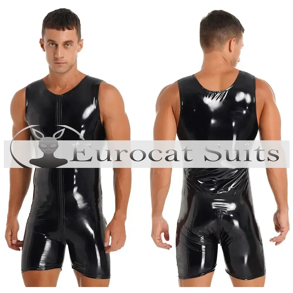 

customized handmade men's tight fitting latex jumpsuit sleeveless zippered shorts jumpsuit