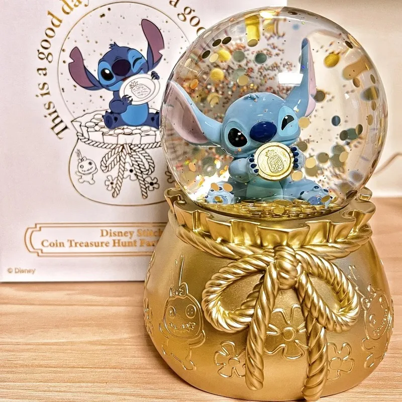 16cm Genuine Stitch Gold Coin Scavenger Hunt Party Crystal Ball Model Doll Action Figures Collectible Toy Christmas Presents