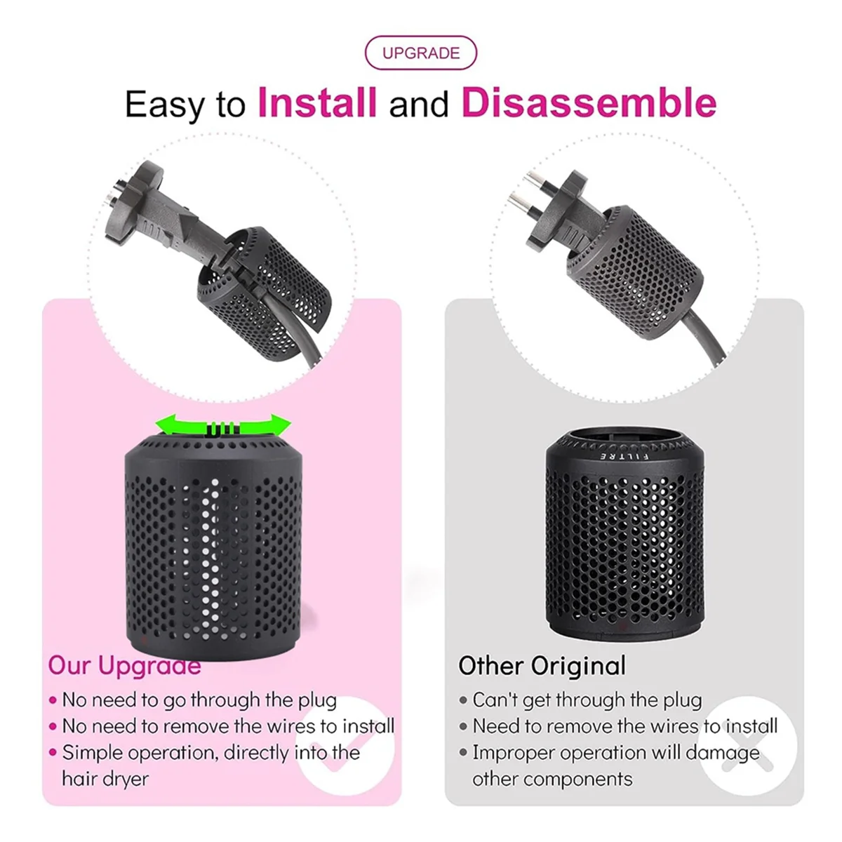 Reemplazo de malla de filtro de secador de pelo para modelos Dyson Supersonic HD01 HD03 HD08, jaula de filtro exterior de secador de pelo parte C