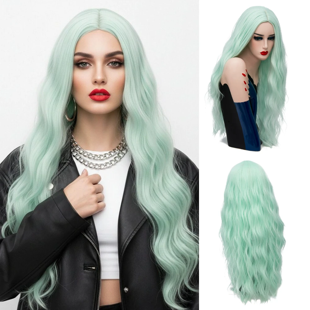 

Длинный волнистый синтетический парик с центральным пробором для женщин, зеленый, термостойкий, для Хэллоуина, косплея и повседневного образа