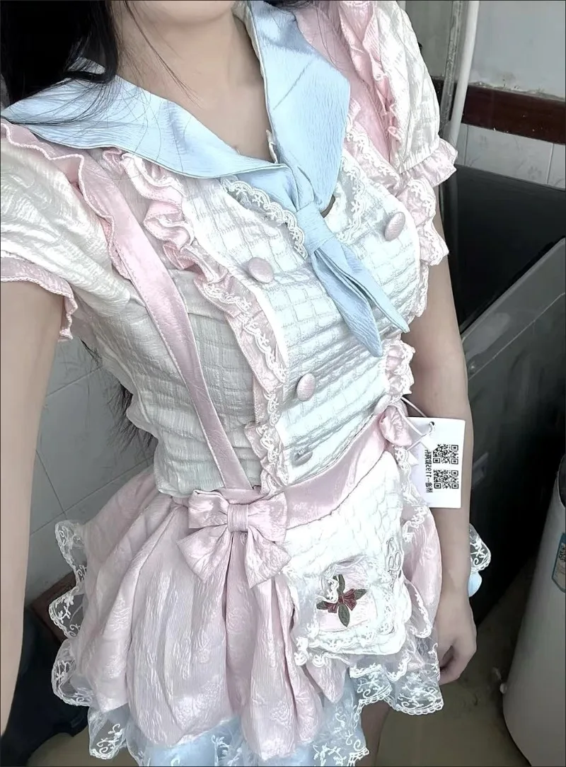 

New Girlish Sweet Cute Contrasting Color Dopamine Age Reduction Short Sleeved Lolita Skirt Tops and Pinafore DressTwo-piece Set