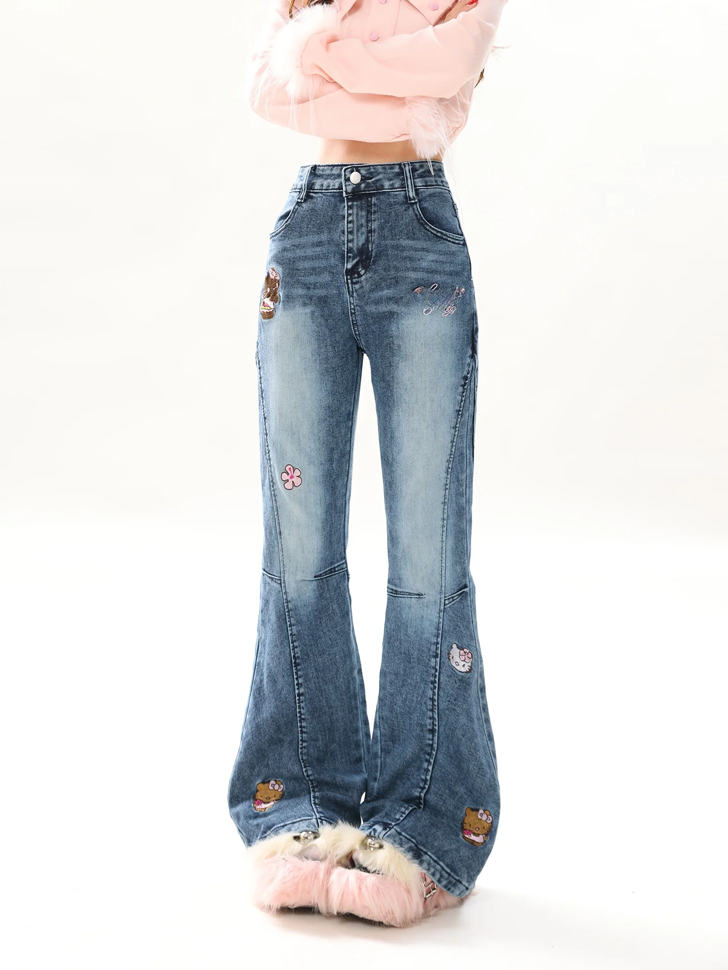 

Kit Cartoon Embroidered Slim Fit High Waist Bell Bot Jeans Women's Spring Faion Leggings Cotton Stretch Denim
