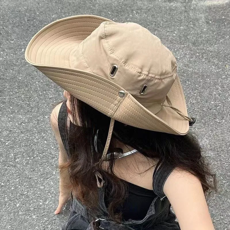 

Outdoor Hat Men Waterproof Bucket Hats Wide Brim Flat Top Men Camping Hat Anti-UV Strap Hollow Out Men Fisherman Hat