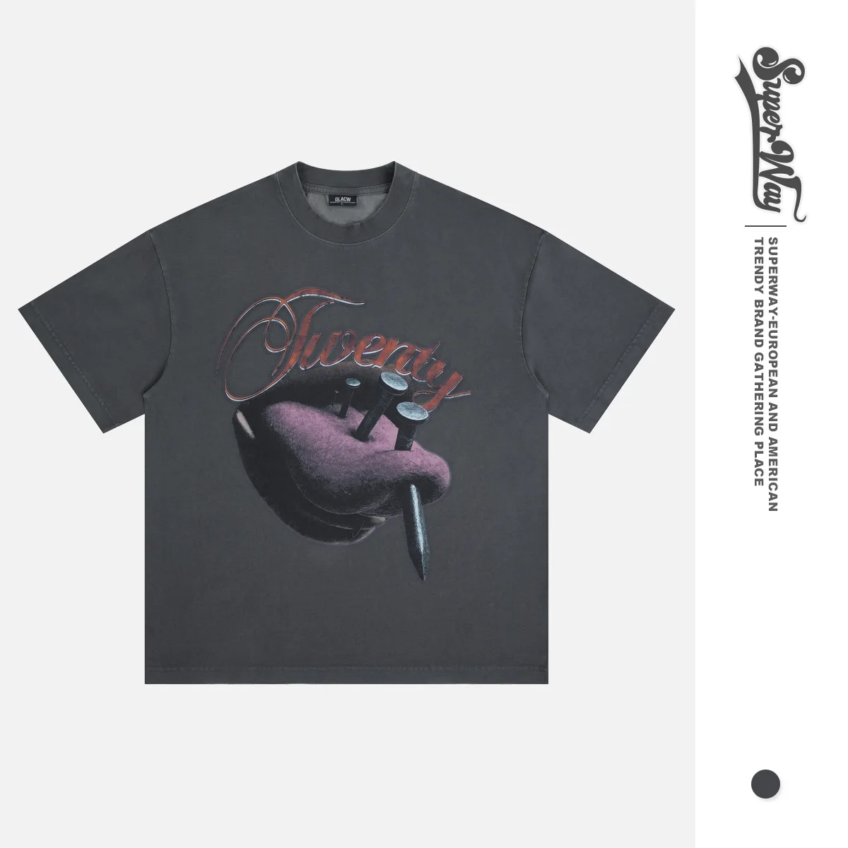 SUPER WAY 2026 Spring Summer New American Street Fashion Brand Print Washed Vintage Short-Sleeve T-Shirt for Men and Women F554