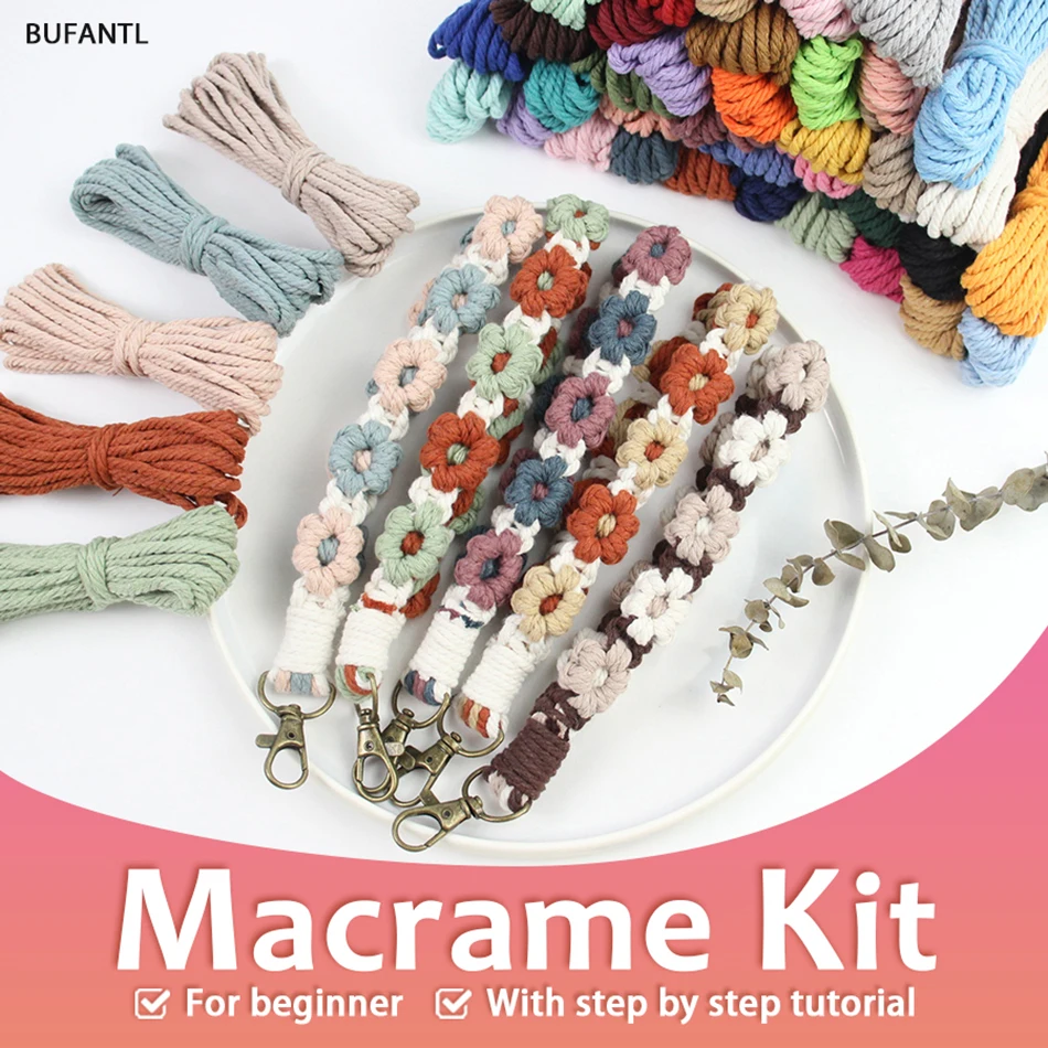 1 set Wrist strap macrame kit and beginner's tutorial, DIY small daisy keychain Wrist strap couple small gift bag decoration