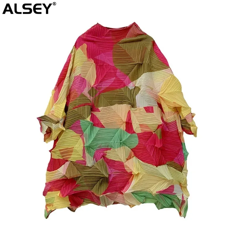 

ALSEY Miyake Pleated T-shirt For Women 2024 Spring New Korean Style Turtleneck Long Sleeves Stitching Color Loose Casual Top