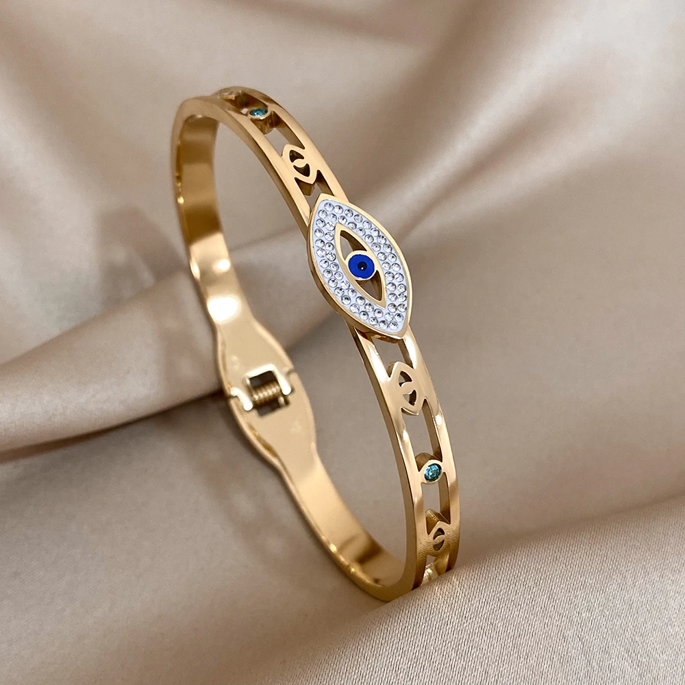

Turkish Eye Stainless Steel Bracelets with Luxury Rhinestones for Women 18K Gold Plated Evil Eye Bangle Waterproof Jewelry Gifts