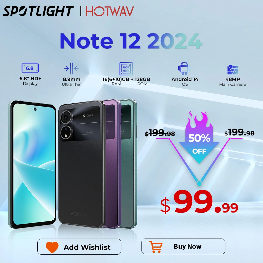 

HOTWAV Note 12 2024 Smartphone 6.8'' Large Display Android 14 OS 16(6+10)GB 128GB Mobile Phone 48MP 5160mAh Ultra-Thin Cellphone