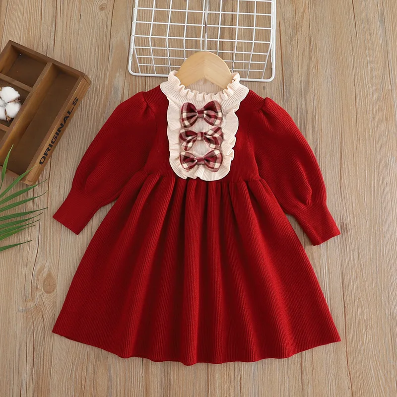 

Kids Autumn Winter Clothes Toddler Girls Red Puff Sleeves Bow A-Line Knitted Princess Dress For Daily Party Cute Baby Outfits