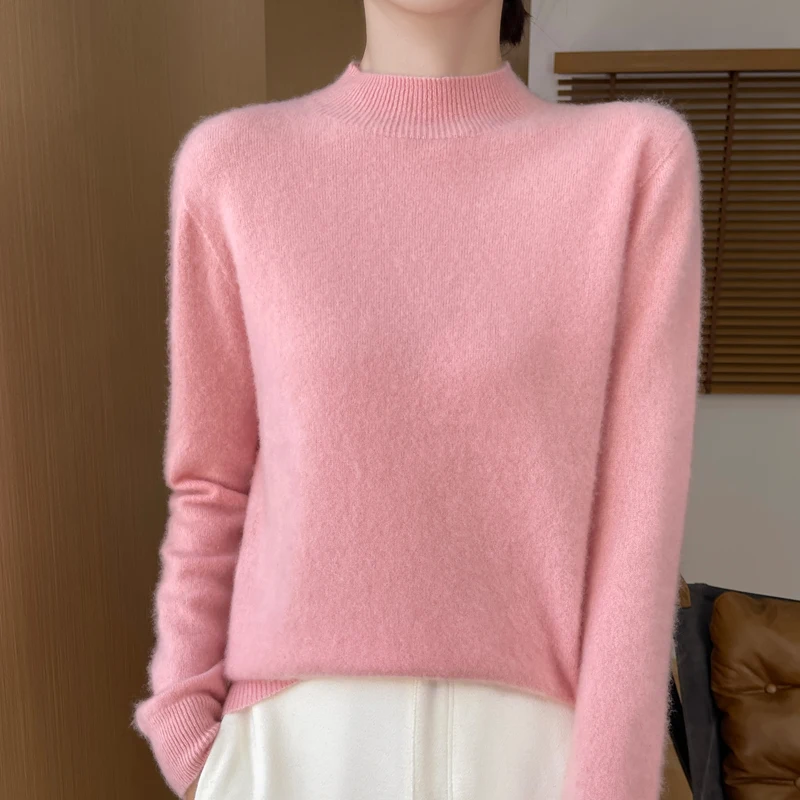 New Spring Autumn 100%Merino Wool Sweater Women Half high collar Long Sleeve Pullover Solid Color Knitwear Clothing Tops Fashion