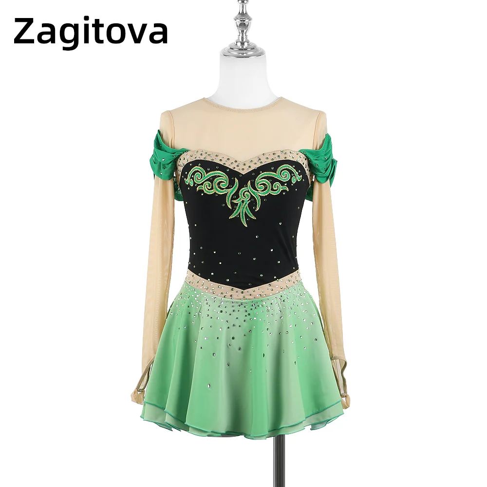 

Zagitova Figure Skating Dress For Women Girls Ice Skating Skirt Performance Competition Green Gradient Frozen Princess Anna