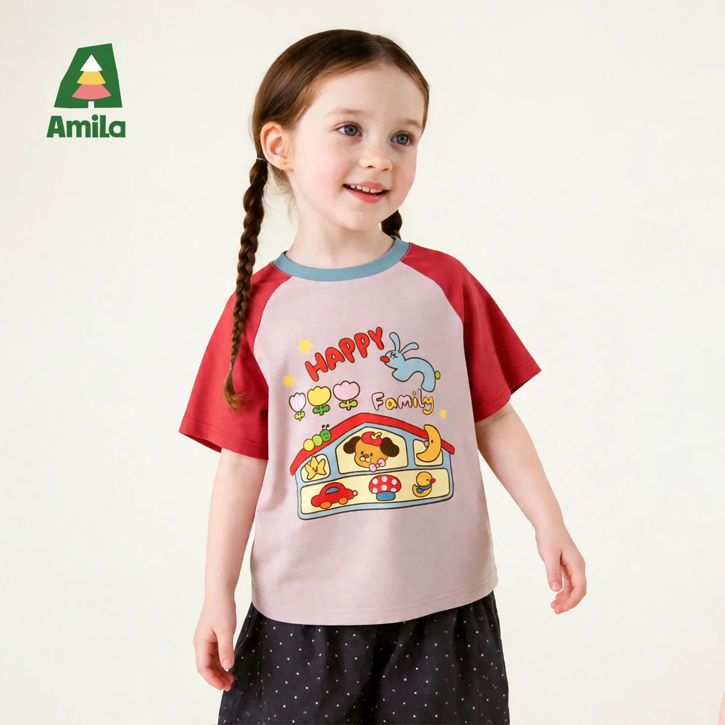 Amila 2026 Summer New Children's T-Shirt Featuring Fun Prints Raglan Sleeves Contrasting Colors Cute Splicing And Short Sleeves