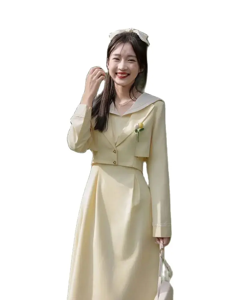 Imagem -06 - Vestido Feminino Plissado de Faculdade Duas Peças Falsas Doce Moda Suave Adequado para Todas as Estações Coreia