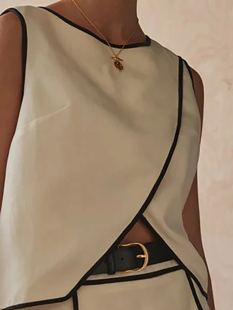 

Lady O-neck Sleeveless Irregular Top + Skirt Set Summer Minimalist Color Blocked Hollow Street Suit Casual Loose Commuter Outfit