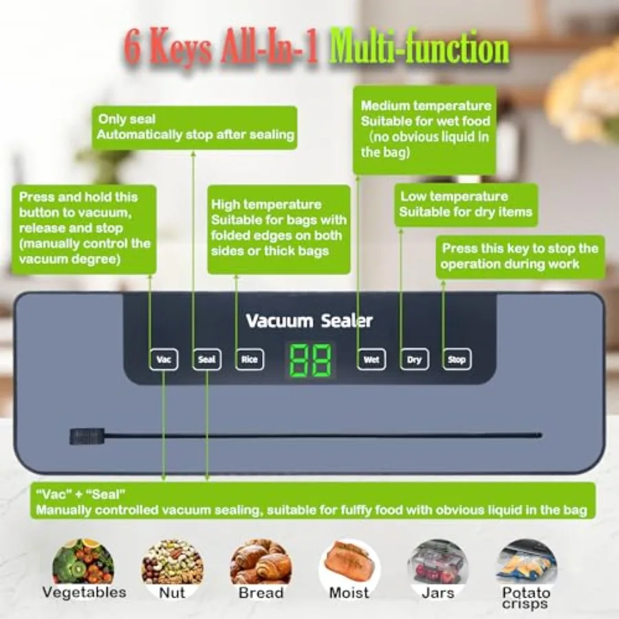食品用真空シーラー コンパクトフードセーバーマシン 65kPa吸引 ワンタッチ操作 内蔵カッター 真空バッグ20枚付属