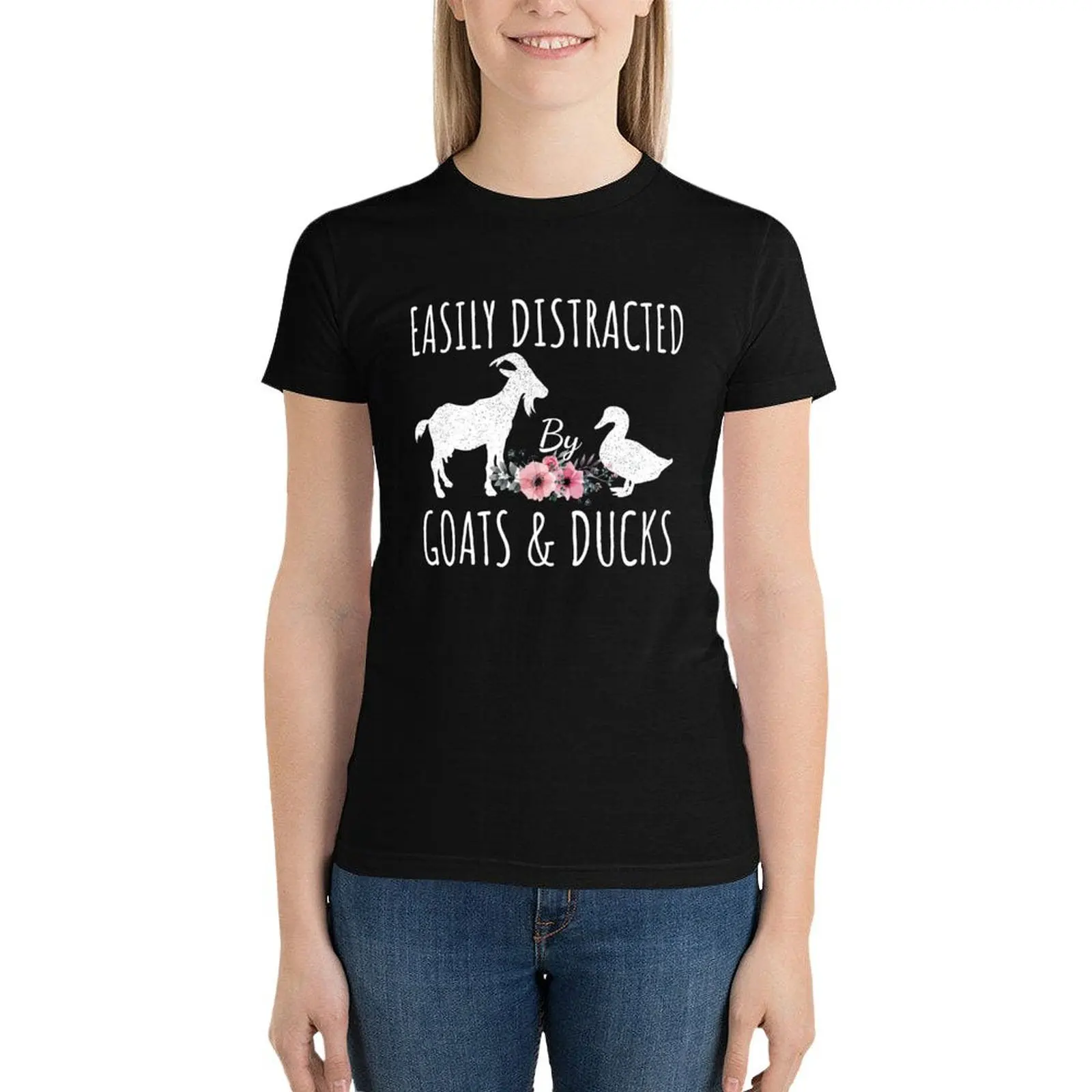 Easily Distracted By Goats & Ducks Floral Funny Farmer T-Shirt graphics Blouse cute tops anime clothes t shirts for Womens