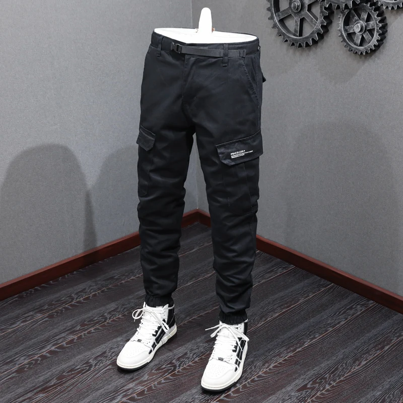 Y2K fashion new black men's jeans stretch slim fit washed water nostalgic stretch slim fit multi pocket jeans designer pants