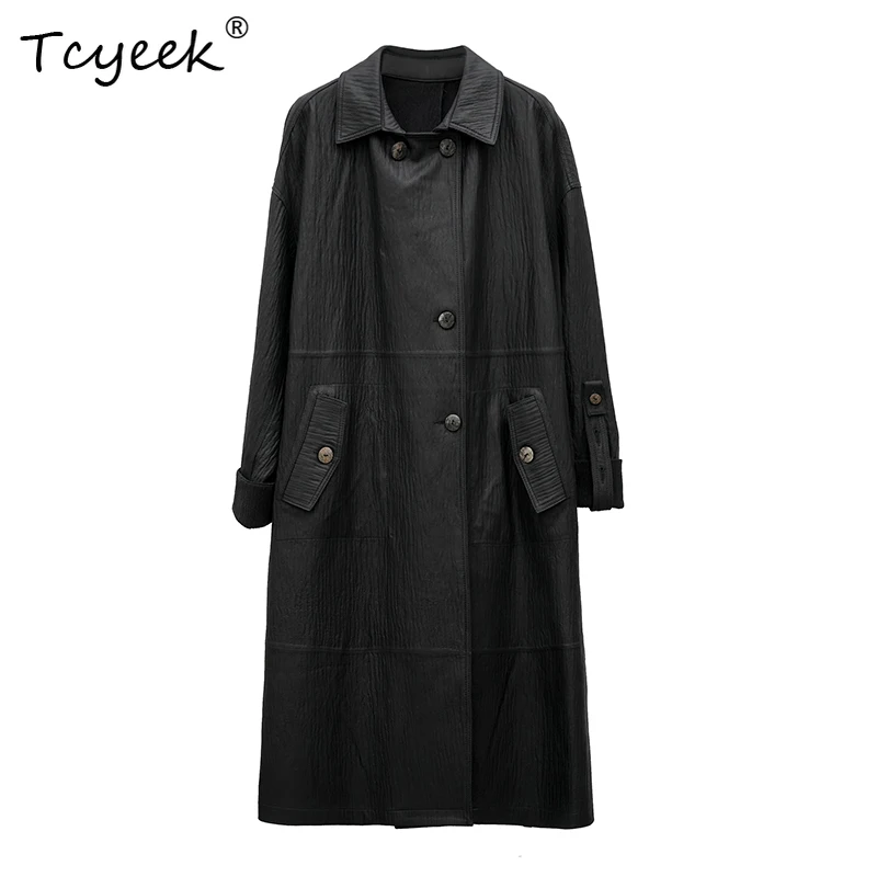 Tcyeek Schaffell Frühling Herbst High-End Trendy Quadratischer Kragen Schwarz Lange Damen Echtlederjacke Ж Ett Diego Diego Diego Diego
