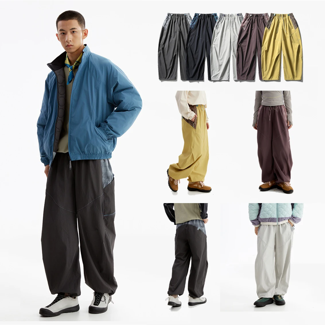 Unisex Shell Pants Plaid Spliced Waterproof Anti‑static Wide‑Leg Drawstring 2‑in‑1 Cargo Pants for Camping Hiking