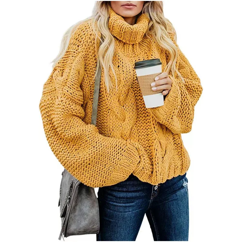 Women Sweaters Long Sleeve Turtleneck Knitted Pullovers Screw Thread Solid Jumpers Spliced Casual Outwear High Street Loose