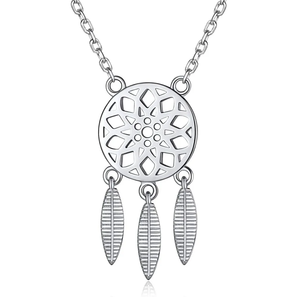 

925 Sterling Silver Women's Dangling Feather Charms Dreamcatcher Pendant Chain Necklace Bohemia Jewelry