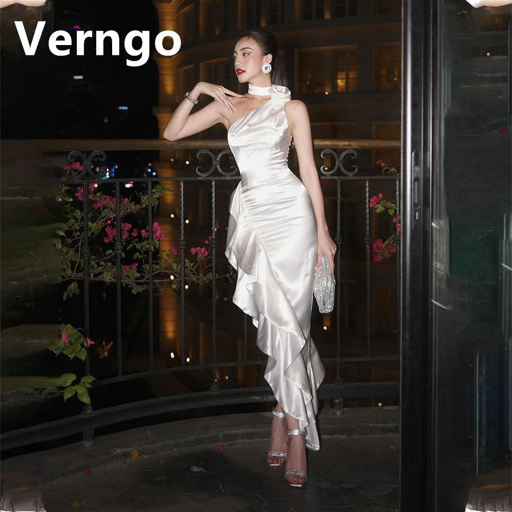 

Verngo White Satin Prom Gowns Halter Mermaid Dress For Special Event Sexy Side Slit Prom Gowns Simple Formal Dress