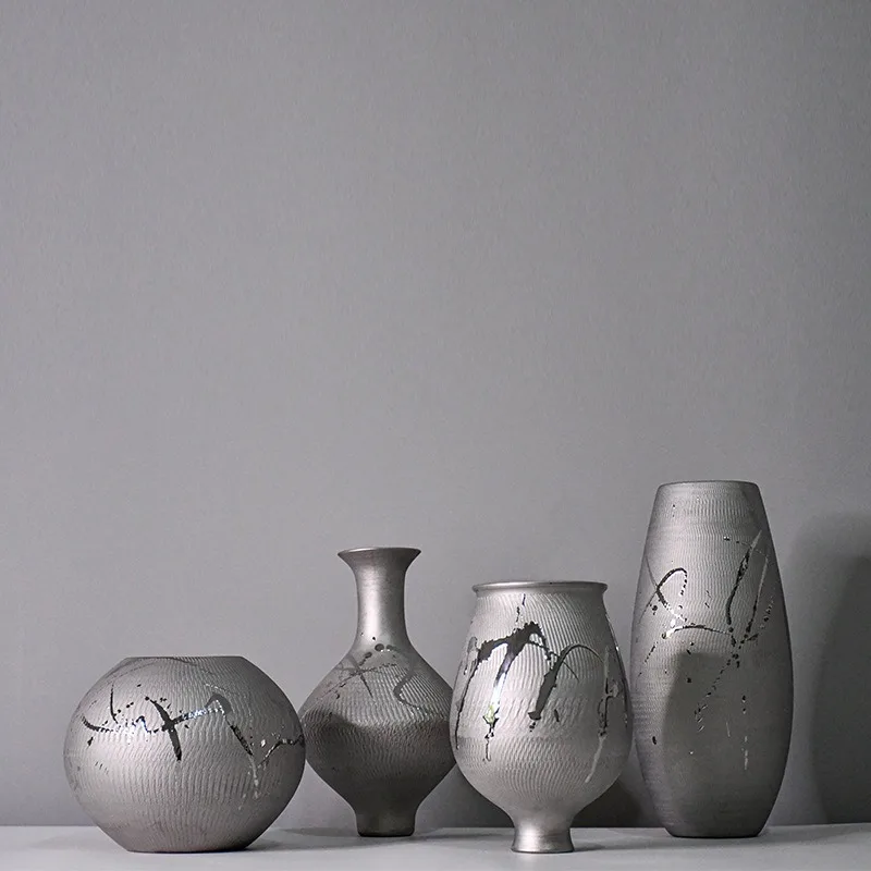 New Chinese Modern Simple Silver-Plated Retro Glazed Ceramic Flower Ware, Living Room Model Room Ornament