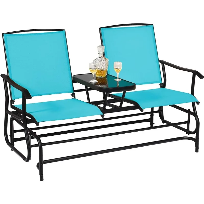 2 Person Outdoor Swing Glider Bench, Turquoise, Metal Frame, 530 l