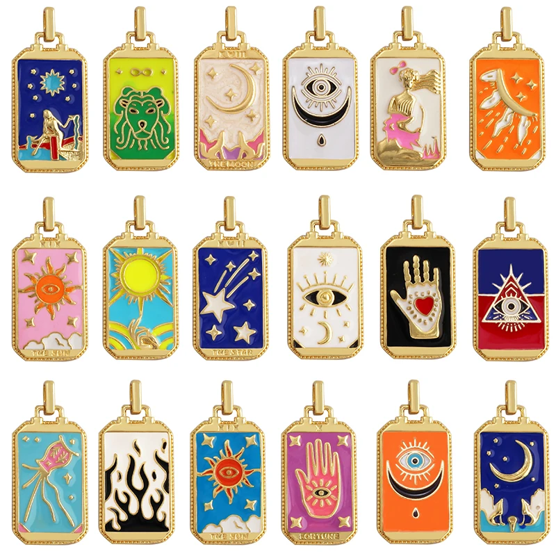 Enamel Tarot Cards Sun Star Moon Evil Eye Heart Hand Charm Pendant,18K Gold Plated Bracelets Necklaces Jewelry Accessories M80