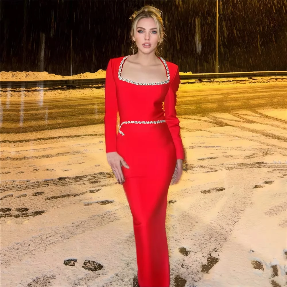 Women's One-step Skirt New Elegant Square Neck Long Sleeved Diamond Studded Dress Long Hip Hugging Party Banquet Evening Dress