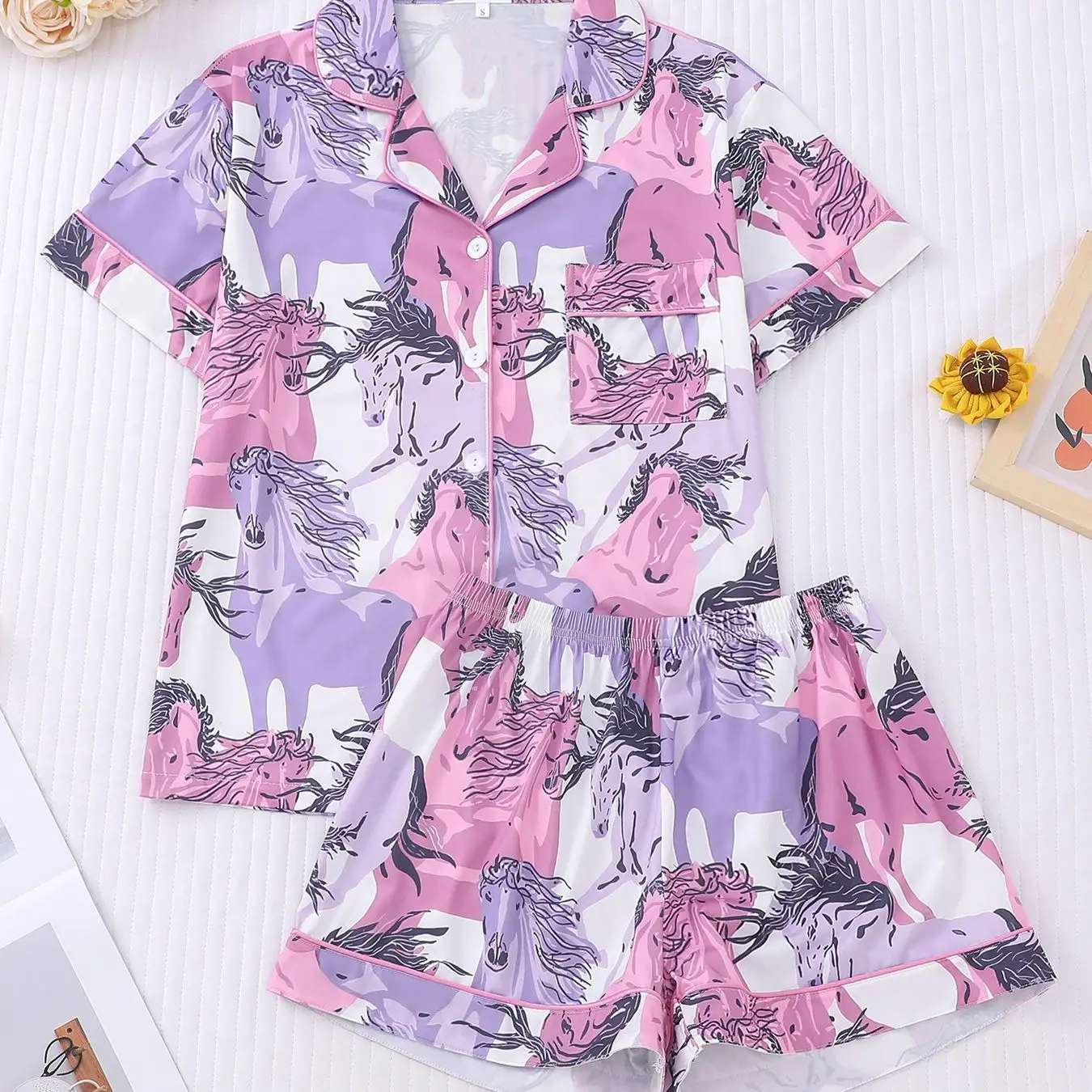 

American Western Equestrian Style, Horse Printed Pajamas, Short sleeved Shorts, Two piece Set, Women's Casual Home Wear,Outerwer