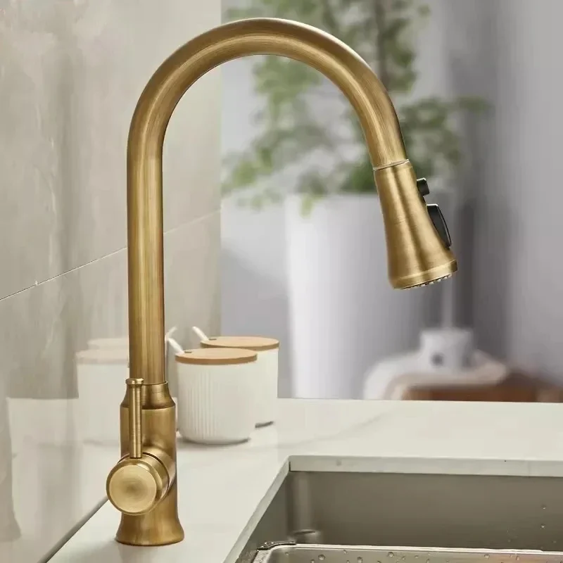 Antique Pull Out Kitchen Faucet Brass Sink Faucet Mixer Tap 360 degree rotation torneira cozinha mixer taps Kitchen Tap