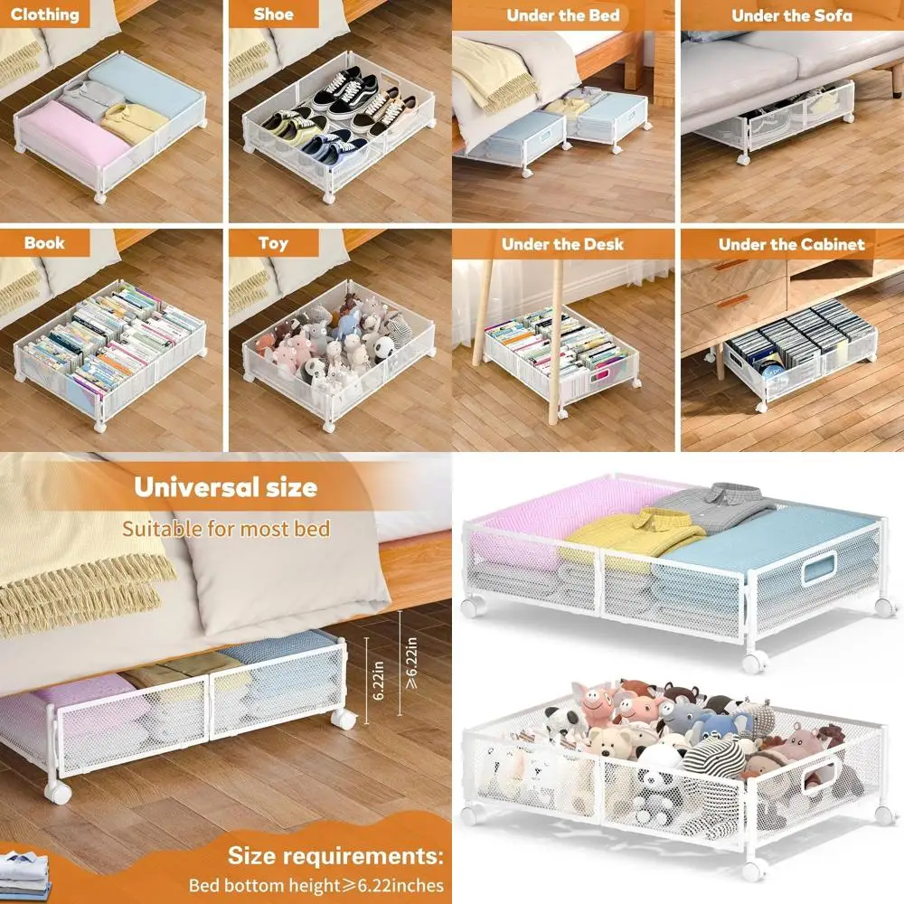 

Двойной комплект белых выдвижных ящиков для хранения под кроватью для одежды и обуви с удобной мобильной транспортировкой