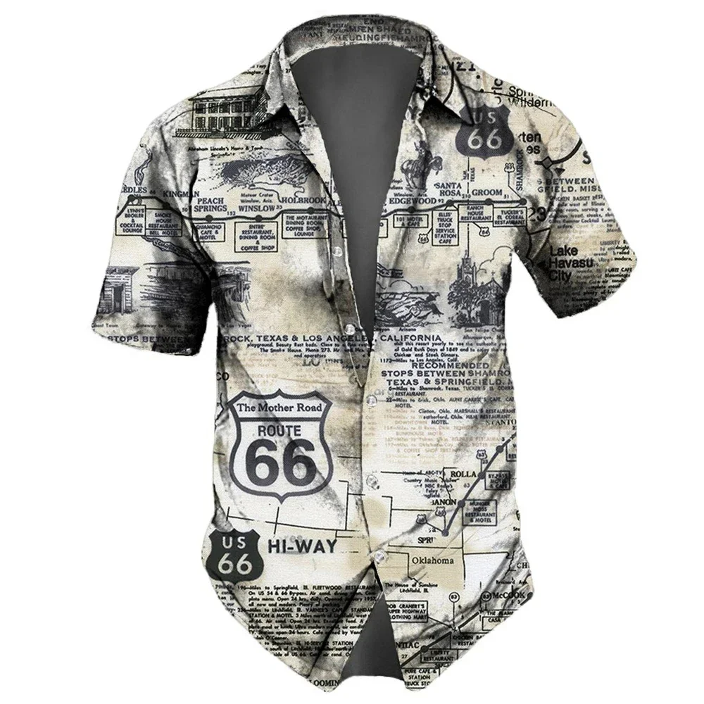 Washed Map Newspaper Style Men Shirts Route 66 Old Fashion Short Sleeve Shirt For Men Lapel Oversize Men Tops