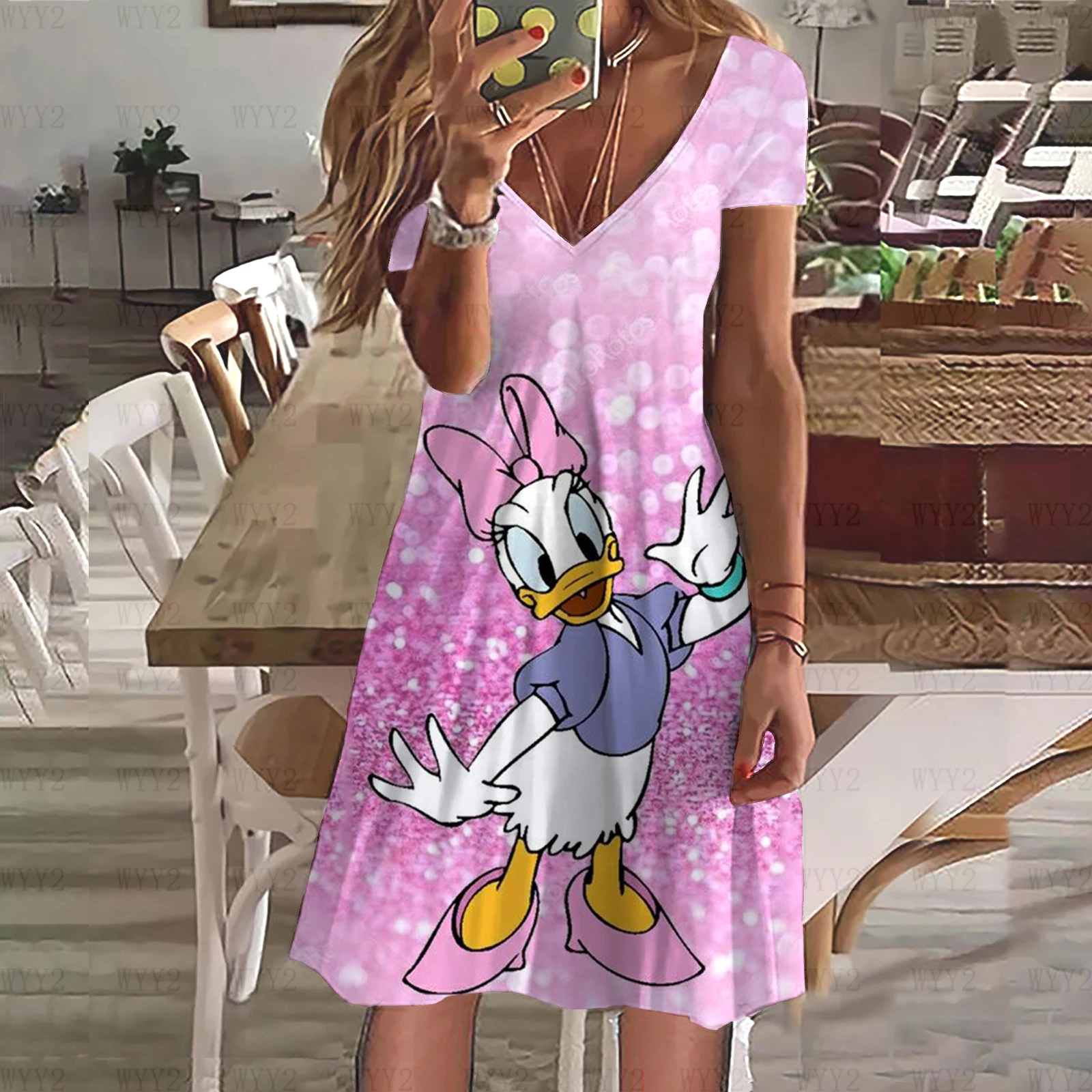 Vestido informal de dibujos animados para mujer, ropa con estampado de Disney, Pato Donald, cuello en V, manga corta, novedad de verano, 2024