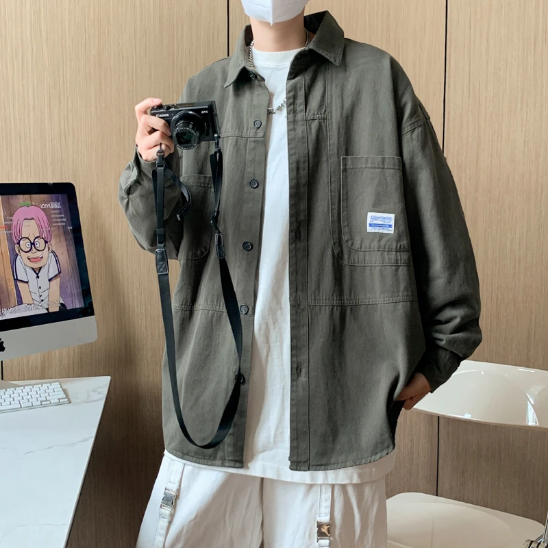 

Pure Cotton Workwear Shirt Men's Long Sleeve Casual Jacket Trendy Loose Harajuku Style Japanese Retro Large Size Men's Shirt