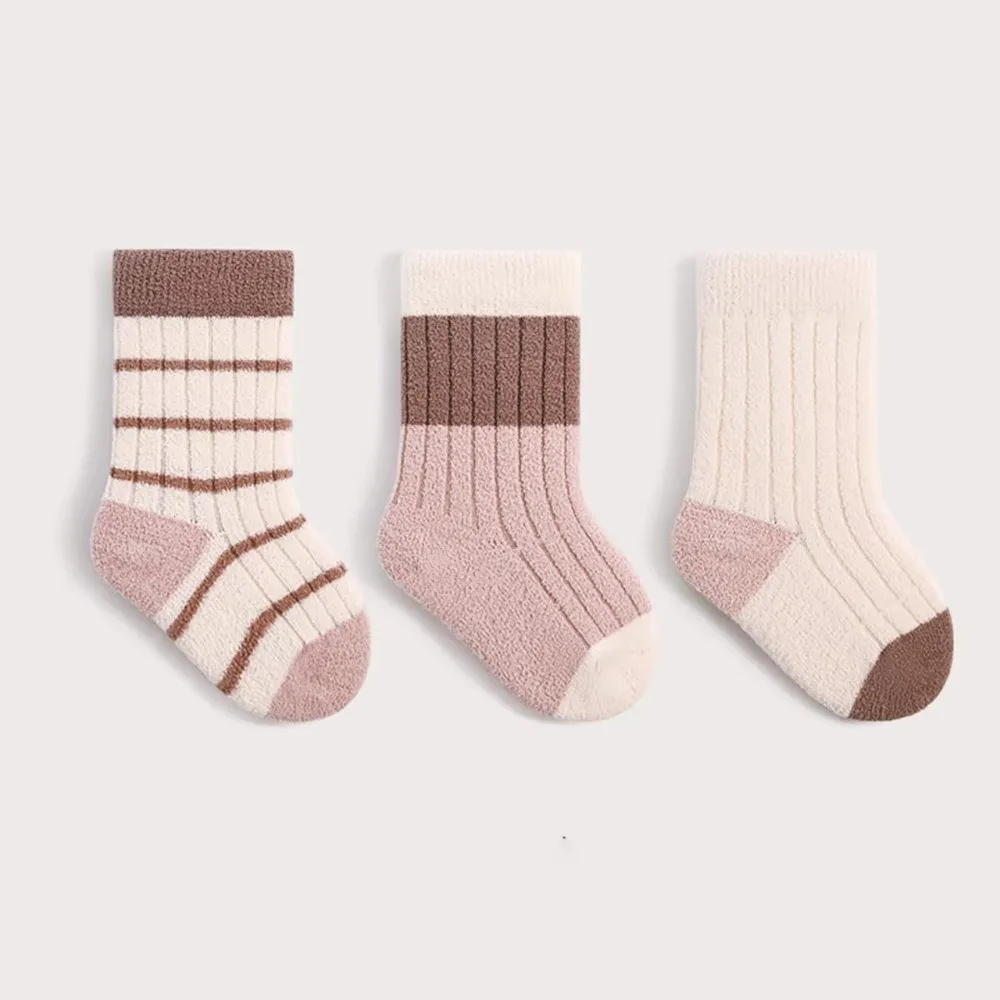 3Pair Cute Cartoon Striped Socks Thickened Soft Mid Tube Sock Keep Warm Toddler Thermal Footwear Winter