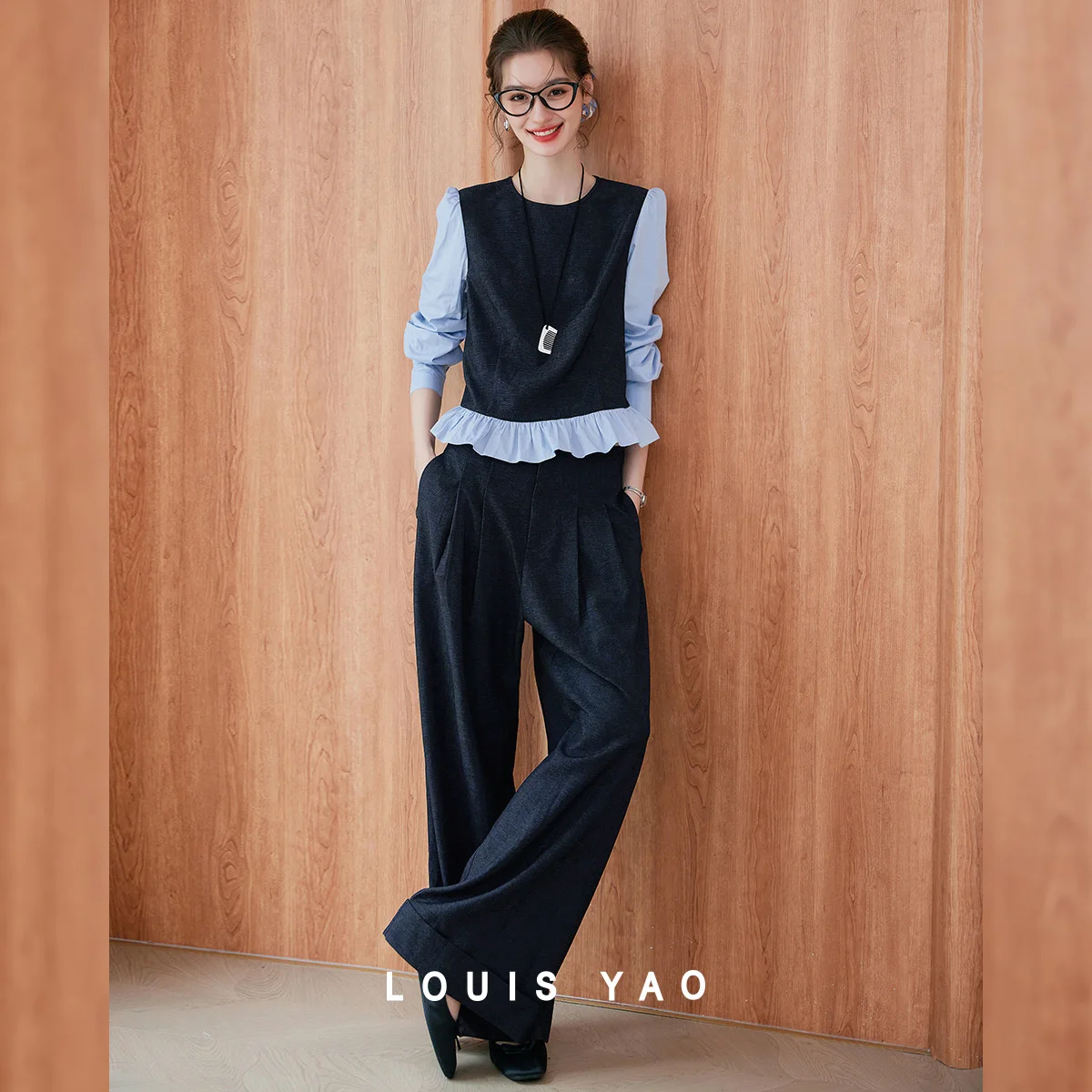 

LOUIS YAO Commuter Color Contrasting Long Sleeve Two Piece Set 2025 Autumn Fashion Round Neck Lace Shirt and Pants Women's Set