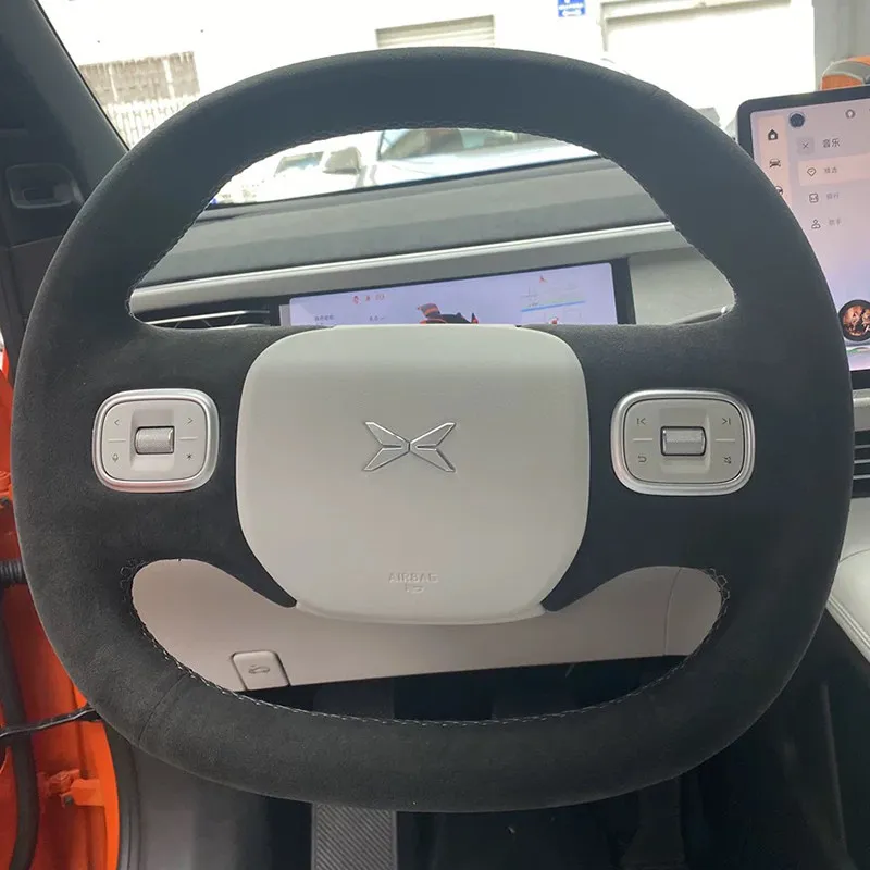 Hand-Stitched Non-slip black suede genuine Leather Car Steering Wheel Cover for Xpeng Xiaopeng G6 2023 2024